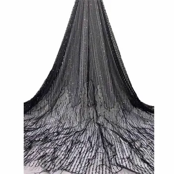 

Latest black French lace fabric sexy party net lace fabric with sequins and fringing HNZ226(5yards/lot)