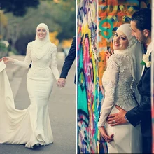 Charming Beaded Flowers Lace Mermaid Wedding Dresses Ivory Hijab Muslim Wedding Dress Long Sleeve Muslin Bridal Gowns WM40
