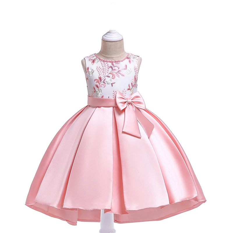 

2019 Flower Girls Dresses For Kids Clothing Beaded Embroidery Wedding Girls Dresses For Children Party Trailing Mesh Bow Dress