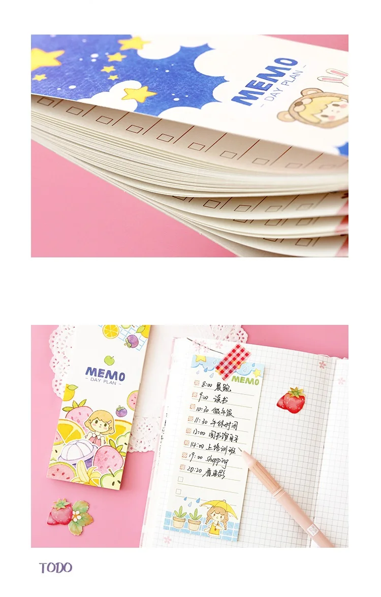 JUKUAI 2 Pcs Cute Girl Day Planner Organizer Fruit Rabbit Dayly Agenda To Do List Memo Note Book Stationery School Supplies 8265