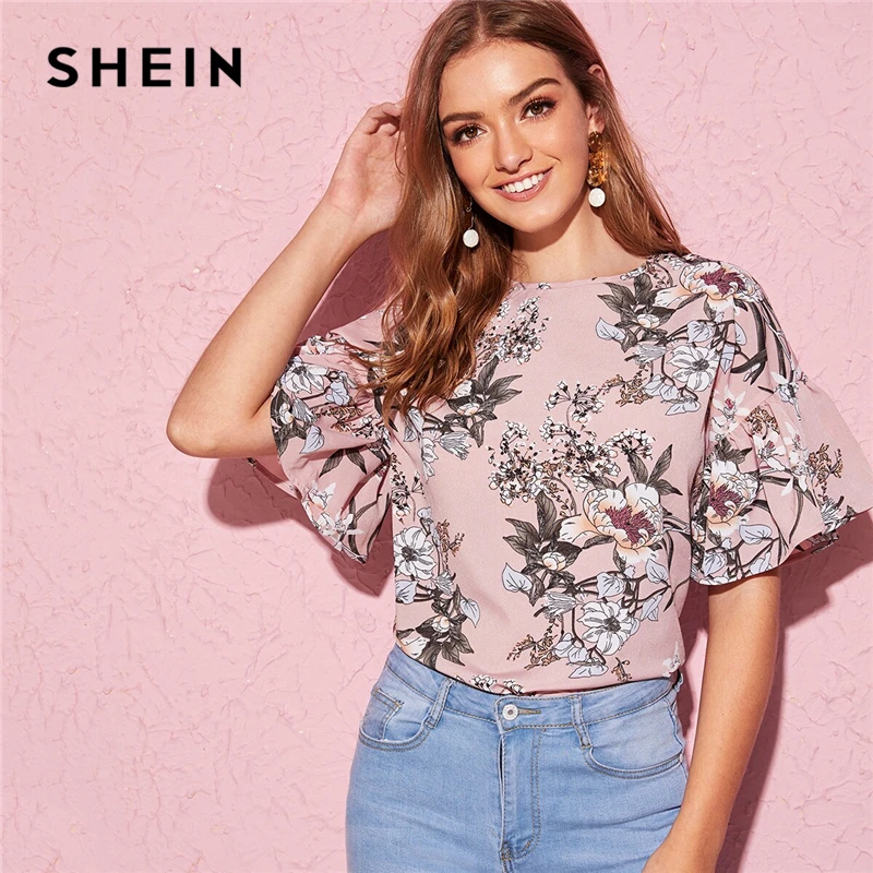 

SHEIN Multicolor Flounce Sleeve Floral Print Boat Neck Top Blouse Women 2019 Summer Keyhole Back Ladies Bohemian Blouses