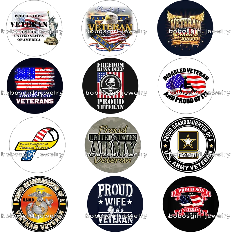 PROUD VETERANS ARMY glass snap button photo Round cabochon flat back Gl7001-in Beads from