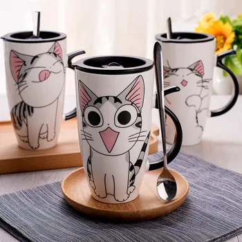

600ml with Lid and Spoon Cartoon mug Cute Cat Style Ceramic Mugs Creative Moring Milk Coffee Tea mug Unique Porcelain