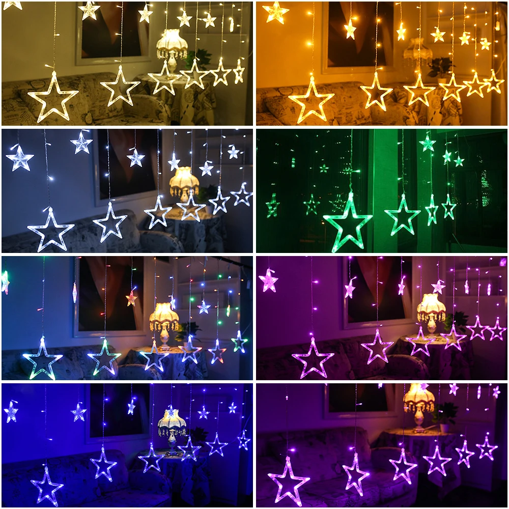 

2M 138LEDs String Light Christmas Twinkle Light 12 Star Curtain String Lights With Tail Pug Wedding Home Indoor Decoration D25