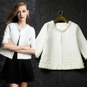 

Elegant pearls beading white jacket women 2019 autumn new arrival short tops modis chaqueta mujer black veste femme