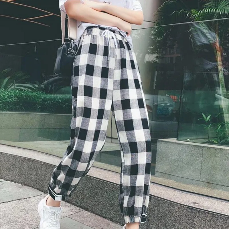 

New Fashion Women Casual Pants Clothes Print Plaid Female Straight Pants Loose Autumn Clothing