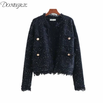 

2019 spring and autumn new slim tassel hair edge short paragraph sequins decorative knit cardigan sweater coat female