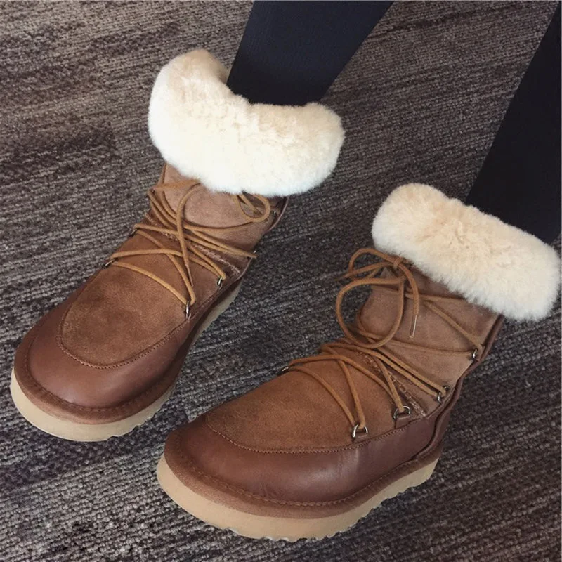

EARTH STAR New Warm Shoes Brand Snow Boots Real Leather Lady Winter chaussure Cross-tied with Fur Female footware Girl Flats