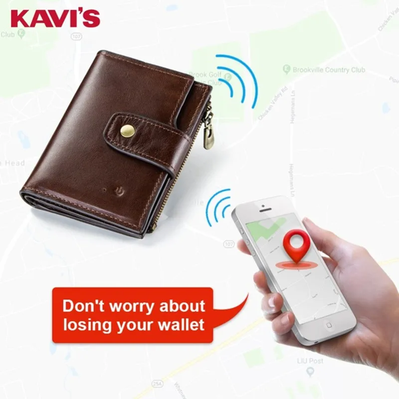 Цена KAVIS Умный кошелек rfid натуральная кожа с сигнализацией font b GPS b font карта, Bluetooth сигнализация мужской кошелек высокого качества фирменный дизайн кошел...