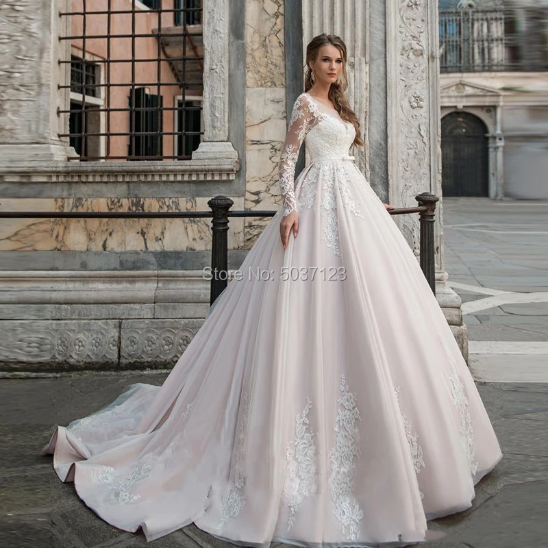 Розовое Бальное платье свадебные платья, аппликации из кружева Vestidos De Noiva с длинными рукавами декольте имитация свадебное платье Robe De Mariee