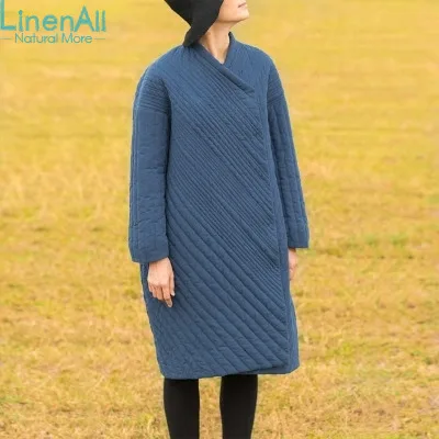 Best price at $347 Cheap LinenAll clothing women's blue original design linen+cotton V-neck Striped winter thick long parkas coat outerwear female WUYOU