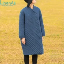 LinenAll clothing women’s blue original design linen+cotton V-neck Striped winter thick long parkas coat outerwear female WUYOU