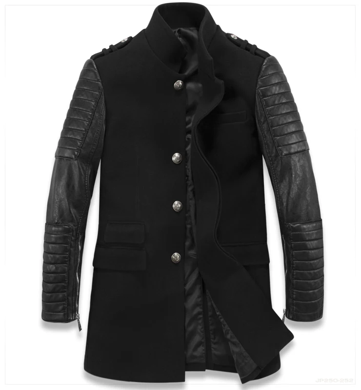 MENS Military PUNK leather sleeve wool long jacket hooded coat outwear