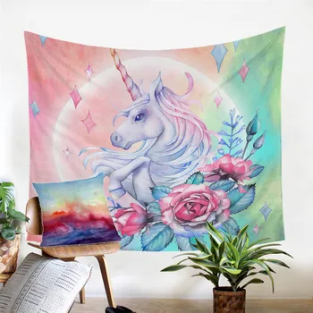 

Unicorn and Rose Tapestry Wall Hanging Girly Floral Decorative Wall Art Cartoon Bedspreads Pink Blue Sheet 150x200