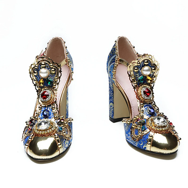 

Eunice Choo Blue Floral Embroidery Luxury Crystal Rhinestone T Strap Women Sandals Round Toe Buckle Strap Chunky Heels Shoes