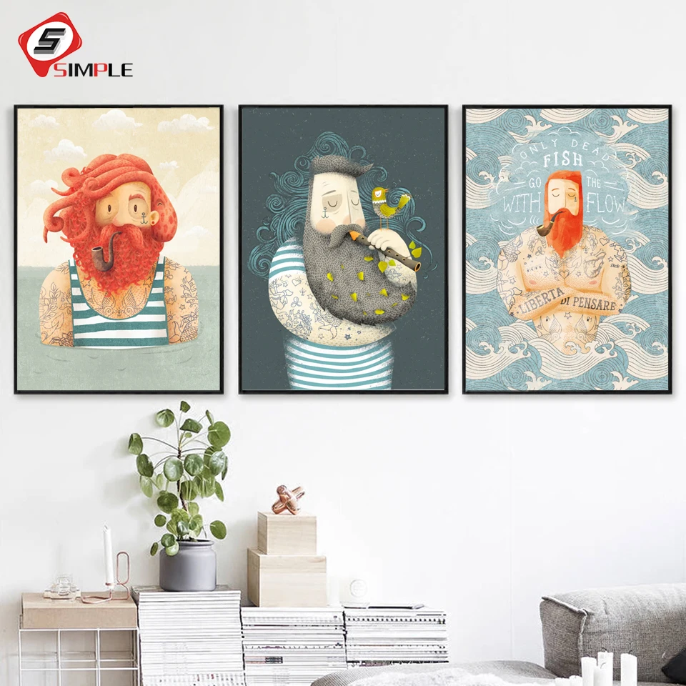 

Watercolor Cartoon Beard Pipe Sailor Landscape Wall Art Canvas Painting Nordic Posters And Prints Wall Picture Kids Room Decor