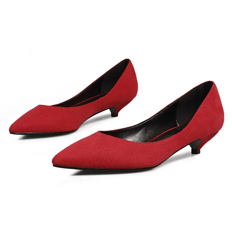 Рабочая обувь на низком каблуке 3 см модная женская офисная обувь из флока красного цвета Новинка, обувь с острым носком 5 цветов, K-223 - Цвет: Красный