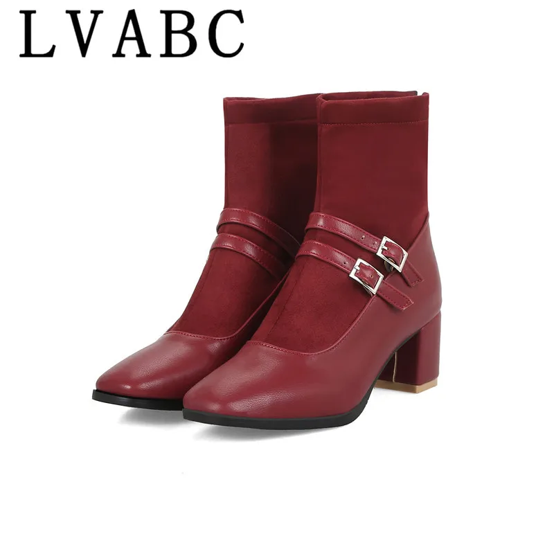 

LVABC 2019 women ankle boots Patent leather zippers red color high heels boots winter short plush ankle boots size 33-48