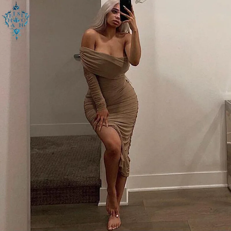 

Ameision Pleated sexy one shoulder maxi dress Women irregular bodycon split holiday slim party dresses Elegant club dress ladies