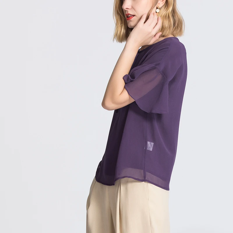 Женская летняя блуза из натурального шелка жоржет фиолетовая блузка с короткими рукавами летучая мышь Офисная Женская рубашка летний топ