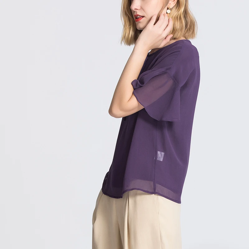  Women Summer Blouese 100% REAL SILK Georgette Purple Blouse Short Bat Sleeved Office Lady Shirt 201