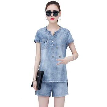 

Rlyaeiz New 2 Piece Set Women Tracksuit 2019 Summer Fashion Casual Sequined V-neck Denim T shirts + Shorts Female Sweat Suit