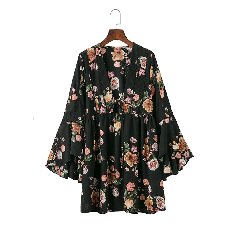 BONGOR LUSS Autumn Floral Print Deep V Neck Chiffon Dress Three Quarter Butterfly Sleeves Sexy Women Party Dresses Mini Dress (20)