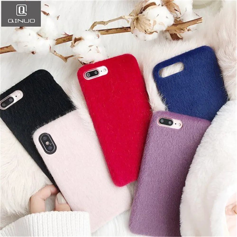 

QINUO Warm Plush Fashion Phone Case For iphone 5 5S SE 6S 6 7 8 Plus X XR XS MAX Back Cover Cute Fur Funda Candy Color Soft Capa