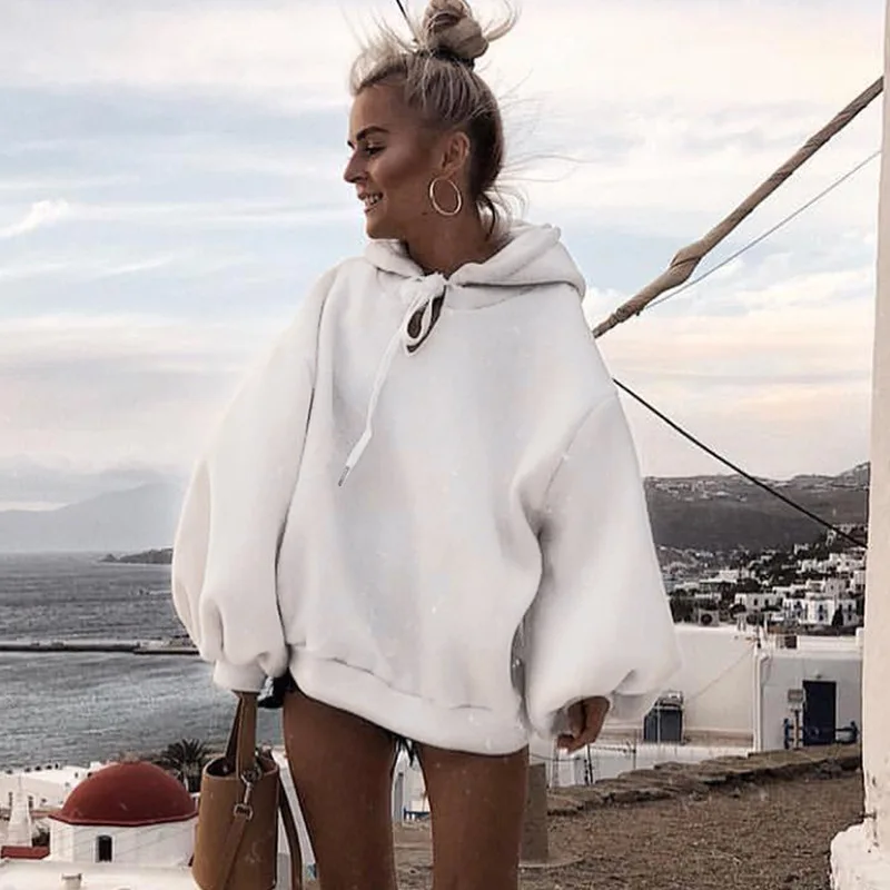 

Sweatshirt Hooded Warm Europe And America 2018 Autumn And Winter Women'S White Lantern Sleeves Loose Wild Casual Street Style