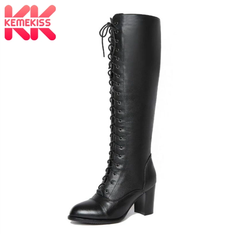 

KemeKiss Women Genuine Leather High Heels Boots Lace Up Winter Shoes Women Warm Fur Knee High Boots Sexy Shoes Size 34-39