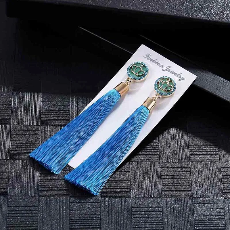 E5862 Trendy Drop Earrings CrownWomenLongBohemianBlueSilkBalckDangleMetalBohoGold Tassel Earrings 2018 Jewelry
