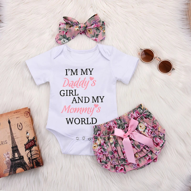 Комплект из 3 предметов для новорожденных девочек комплект летней одежды, комбинезон с цветочным рисунком, топы+ шорты-пачки, штаны, платье+ повязка на голову с бантом