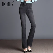 Nonis, женские джинсы, полный светильник, расклешенные брюки, тонкие джинсовые штаны, джинсы с высокой талией,, осенние женские брюки размера плюс