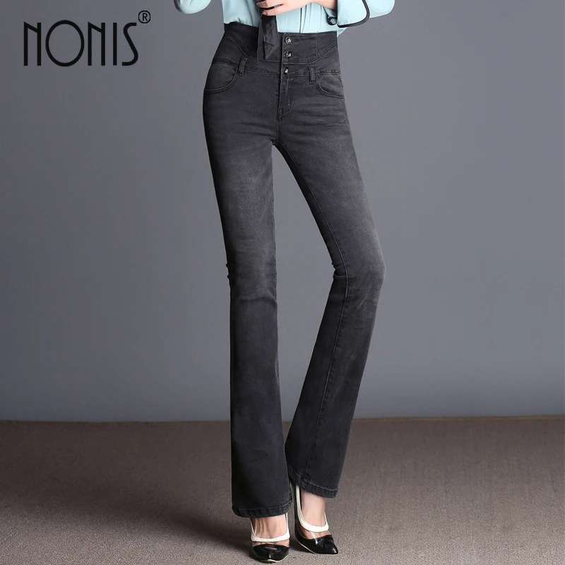 

Nonis Women Jeans Full length Light Flared Trousers Slim Denim Pants High Waist Jeans 2017 Autum Female pantalon Plus Size