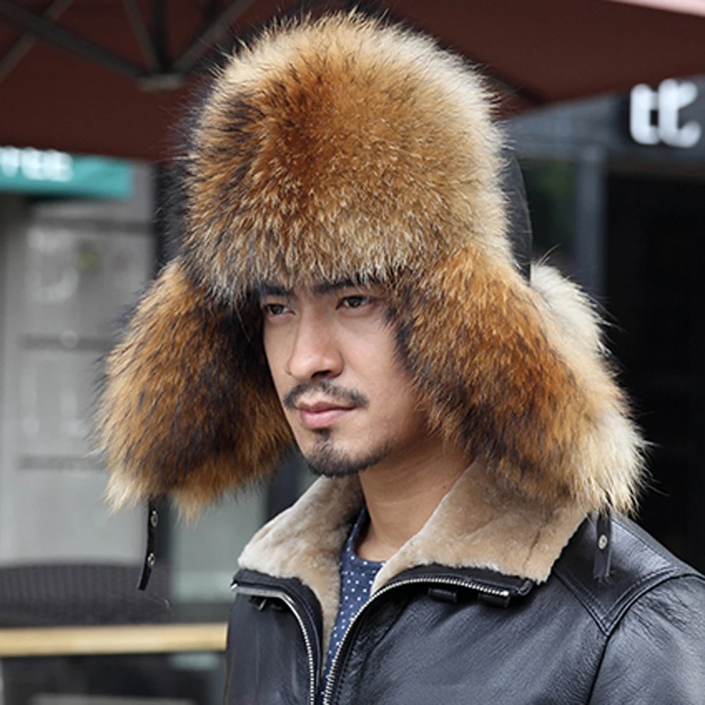 Buy YCFUR Winter Bomber Hats Caps Men Raccoon Fur