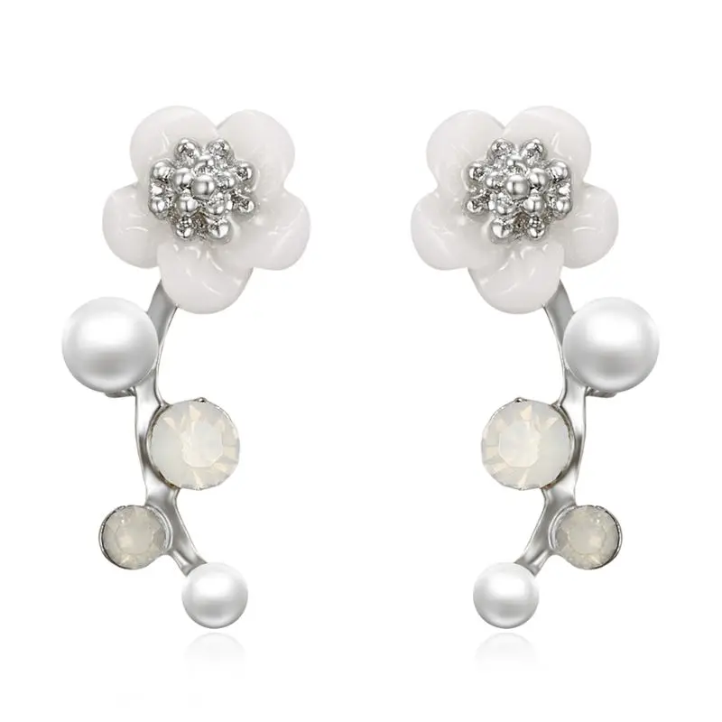 

New Crystal Branch Pearl Flower Stud Earrings For Women Blossom Flower Silver Earings Bijoux Jewelry Gift