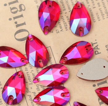 

100pcs/lot 17x28mm Light Siam AB Waterdrop Teardrop Glass Sew on Crystal Rhinestone Beads 2 Holes with Flat Sliver Foiled Back