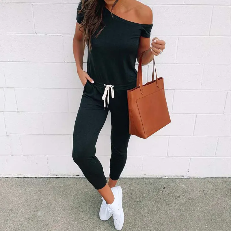 

2019 Summer Black Jumpsuit Women Off Shoulder Female Jumpsuit Romper Short Sleeve Elegant Jumpsuit Women Rompers Beach Overall