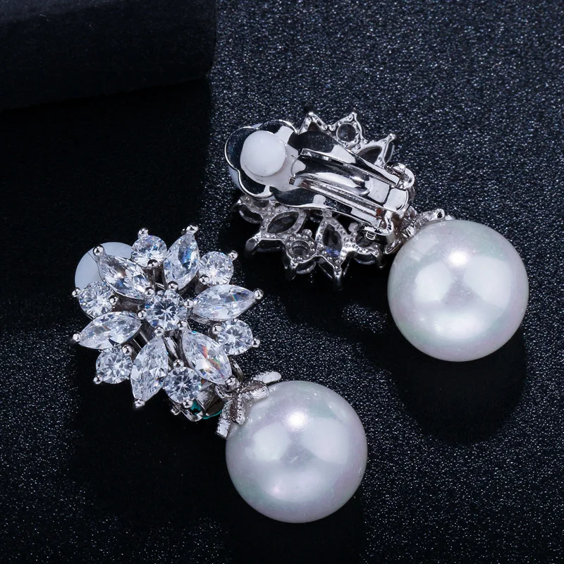 CWWZircons Designer CZ Crystal Flower Pearl No Hole Earrings for Women Fashion Jewelry Ear Clip On Non Pierced Earring CZ408 5