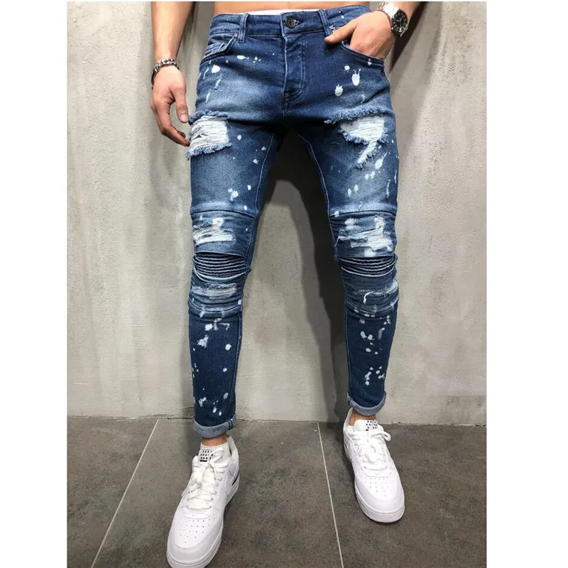 Для мужчин Стильный Рваные джинсы брюки байкер тонкий прямой хип-хоп потертые джинсовые брюки Новые Модные узкие джинсы 2019 Для мужчин
