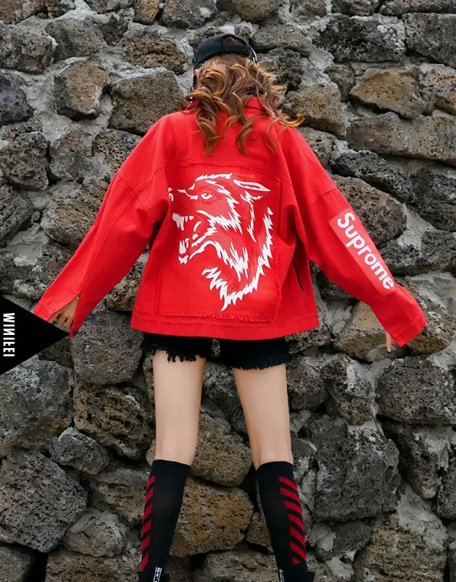rouge Version Fille Noir Hip Hop Impression 2019 Automne Coréenne De La D'hiver Courte Veste Paragraphe Et Étrange Femelle Nouvelle Denim F1J3KTlc