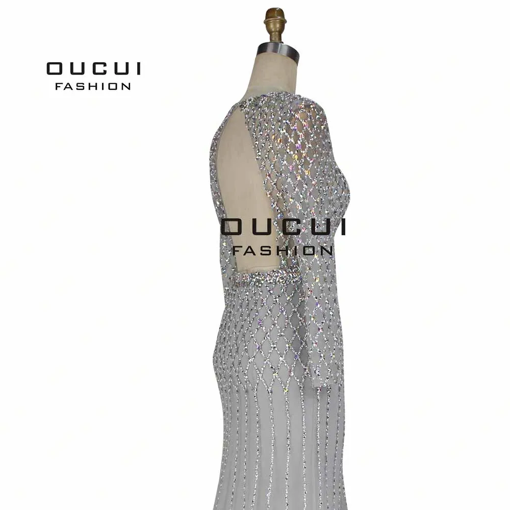 Реальные фотографии Русалка ручной работы полный кристалл бисер длинное вечернее платье с длинным рукавом спинки OL103064