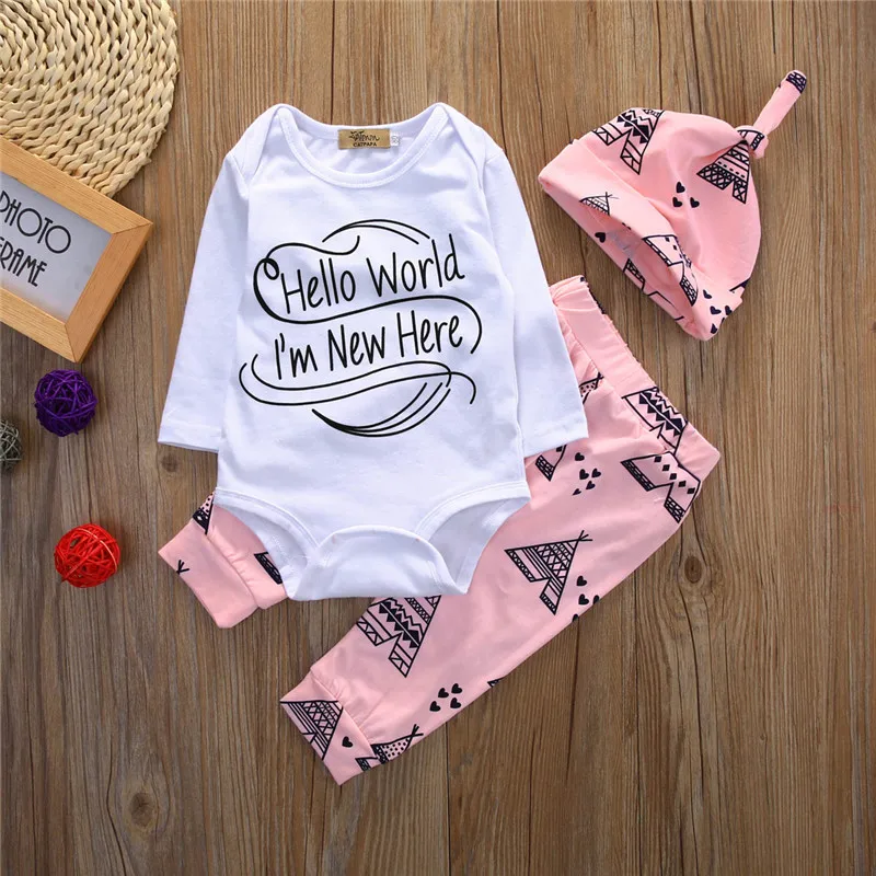 

Newborn Baby 3pcs Tops Romper Clothes Sets Long Sleeve Hello World Autumn Clothes Wear 3PCS Cute Boy Girls Boutique Outfits