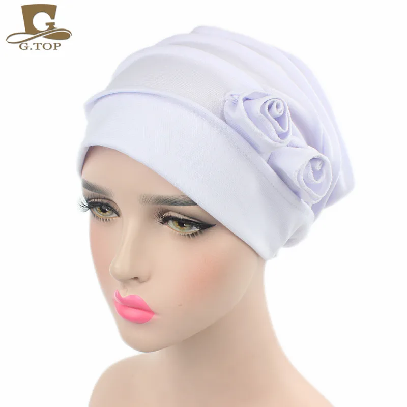 New cotton Slouch wrinkle Cap double flower floral beanie Hats for ...