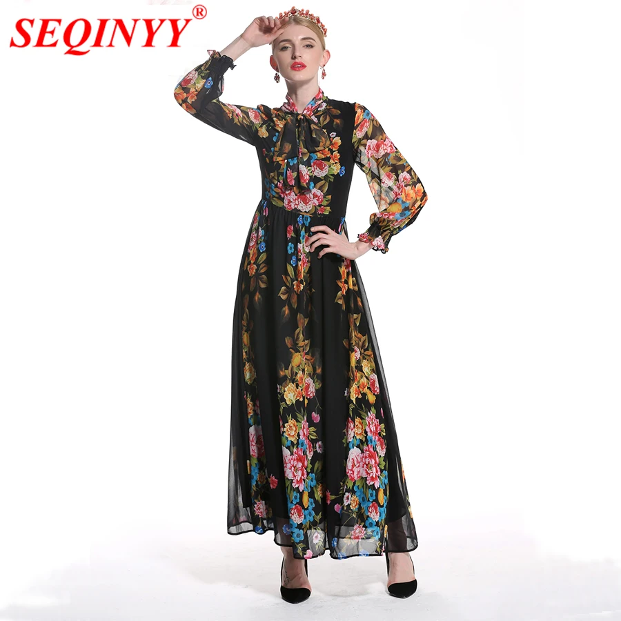 

SEQINYY Chiffon Dress 2018 Fashion Runway Summer Spring New Ankle-length A-line Flowers Printed Bow Elegant Black Dress