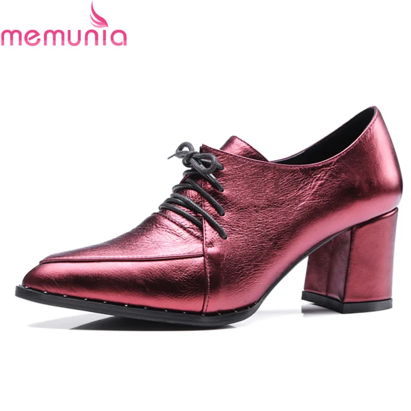 

MEMUNIA 2018 hot sale genuine leather women pumps thick high heels poinetd toe fashion lace up dress shoes spring autumn