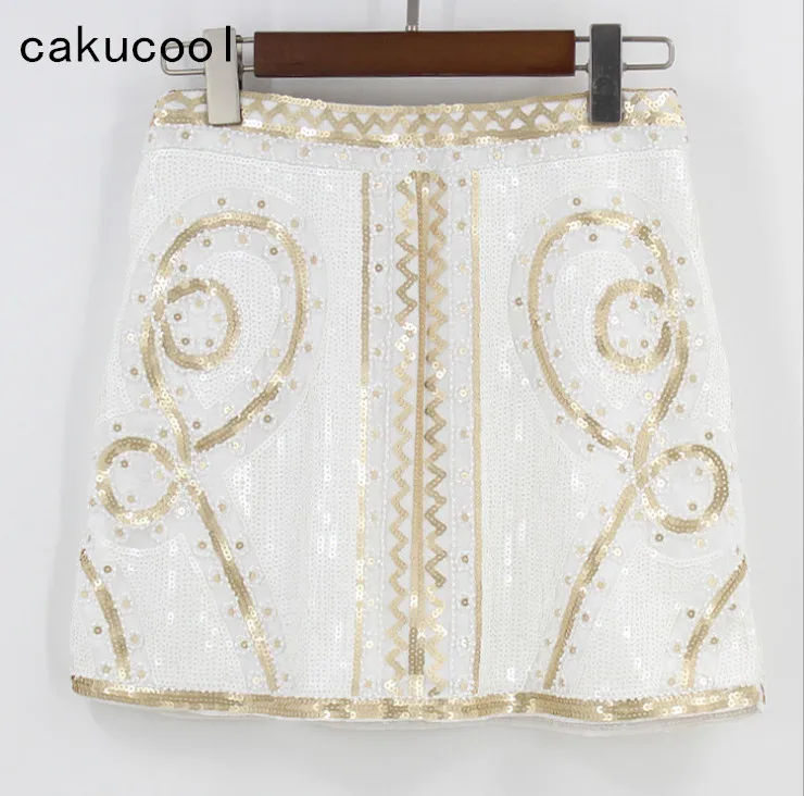 

Cakucool Women Retro White Sequined Short Skirt Vintage Beaded Pencil Skirt High Waist Golden Silm Bodycon Runway Mini Skirts