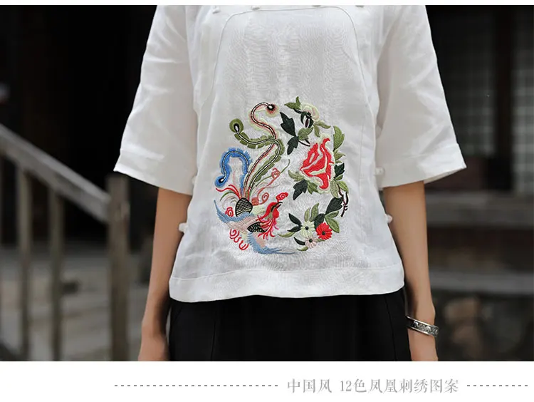 Винтаж литературный плиты Кнопка Вышивка Хлопок Лен рубашка с короткими рукавами свободные летние Республика Китай женская одежда