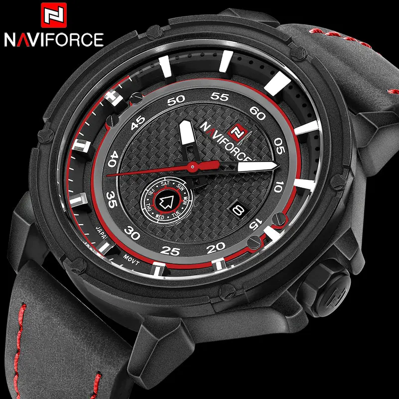 men sport watches leather strap quartz watch NAVIFORCE fashion brand men calender 30M waterproof wristwatches relogio