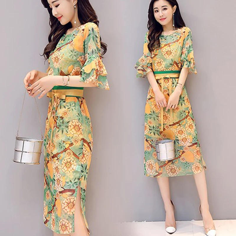 Новое поступление 2019 Модный яркий цветок принт о образный вырез рукав лепесток